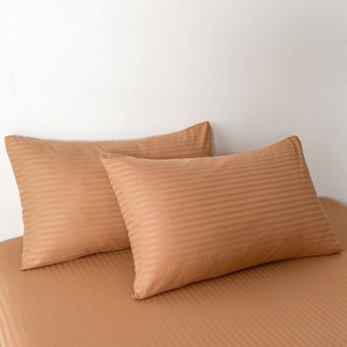 Premium King Size 6 Pieces Bedding Set without filler, Solid Brown Tan Color, Satin Stripe Design. - BusDeals