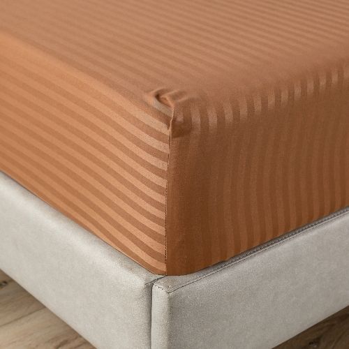 Premium King Size 6 Pieces Bedding Set without filler, Solid Brown Tan Color, Satin Stripe Design. - BusDeals
