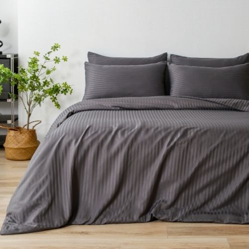 Premium King Size 6 Pieces Bedding Set without filler, Solid Dark Gray Color, Satin Stripe Design. - BusDeals