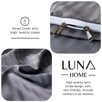 Premium King Size 6 Pieces Bedding Set without filler, Solid Dark Gray Color, Satin Stripe Design. - BusDeals