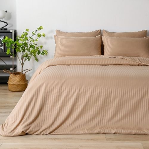 Premium King Size 6 Pieces Bedding Set without filler, Solid Golden Brown Color, Satin Stripe Design. - BusDeals