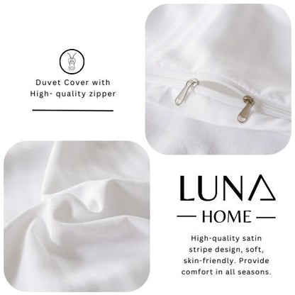 Premium King Size 6 Pieces Bedding Set without filler, Solid White Color, Satin Stripe Design - BusDeals