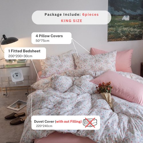 Premium King Size 6 Pieces Retro Style with Candy Pink Color Bedsheet Pastoral Printed Bedding Set without filler. - BusDeals