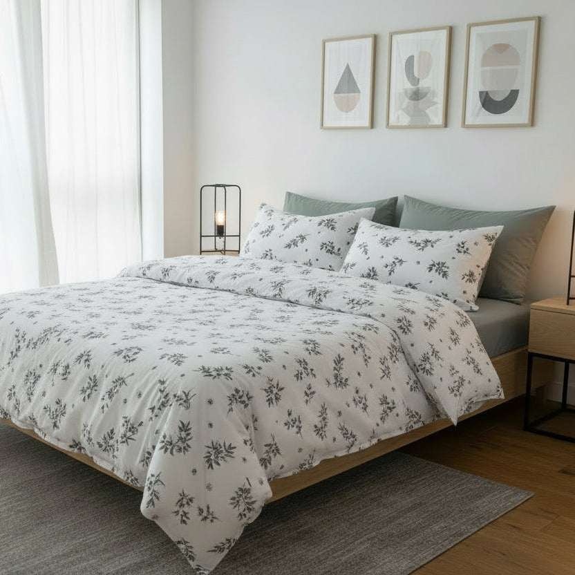 Premium King size 6 Pieces Retro Style with Grey Blue Color Bedsheet Postoral Printed Bedding Set without filler. - BusDeals