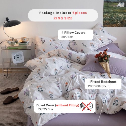 Premium King size 6 Pieces Retro Style with Light Lavender Color Bedsheet Pastoral Printed Bedding Set without filler. - BusDeals