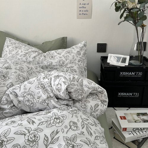Premium King Size 6 Pieces Retro Style with Sage Green Color Bedsheet Postoral Printed Bedding Set without filler. - BusDeals