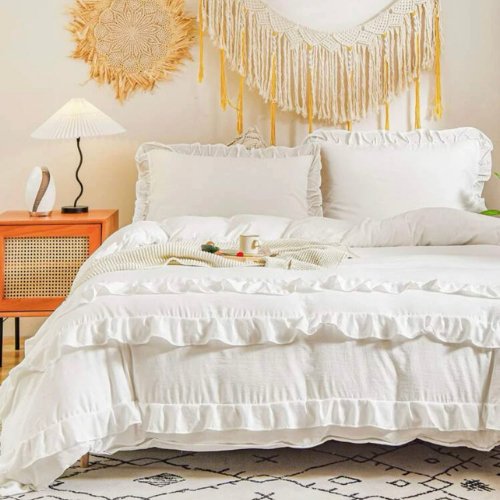 Premium King size 6 pieces without filler, Plain color ruffles design Bali Milky White Color, Bedding Set - BusDeals