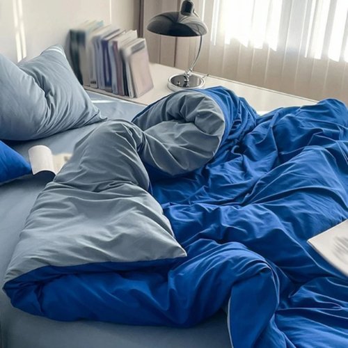 Premium King Size Korean Reversible Bedding Set, Plain Grey and Blue Color. - BusDeals