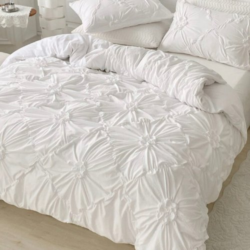 Premium King Size Pinch Pleat Flower Embroidery of Decorating Fabric, White Color. - BusDeals