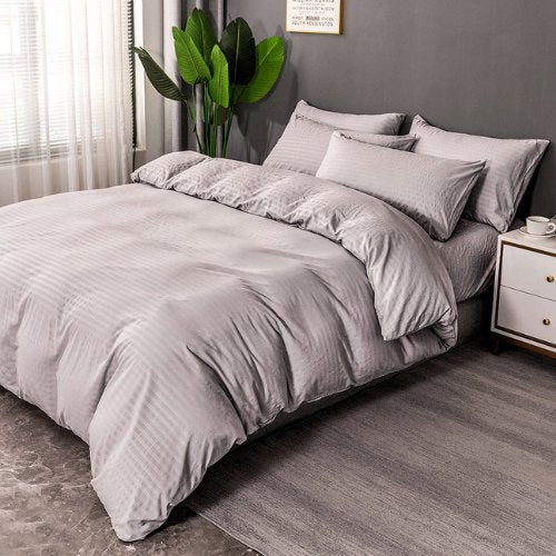 Premium King size Plain grey striped design, bedding set of 6 pieces without filler - BusDeals