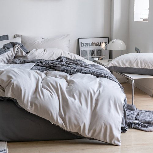 Premium Korean King size 6 Pieces Reversible Constructor Design with 2 Attractive Pillow Covers, Plain Dark Grey Bedsheet and Plain Grey Duvet Cover without filler. - BusDeals