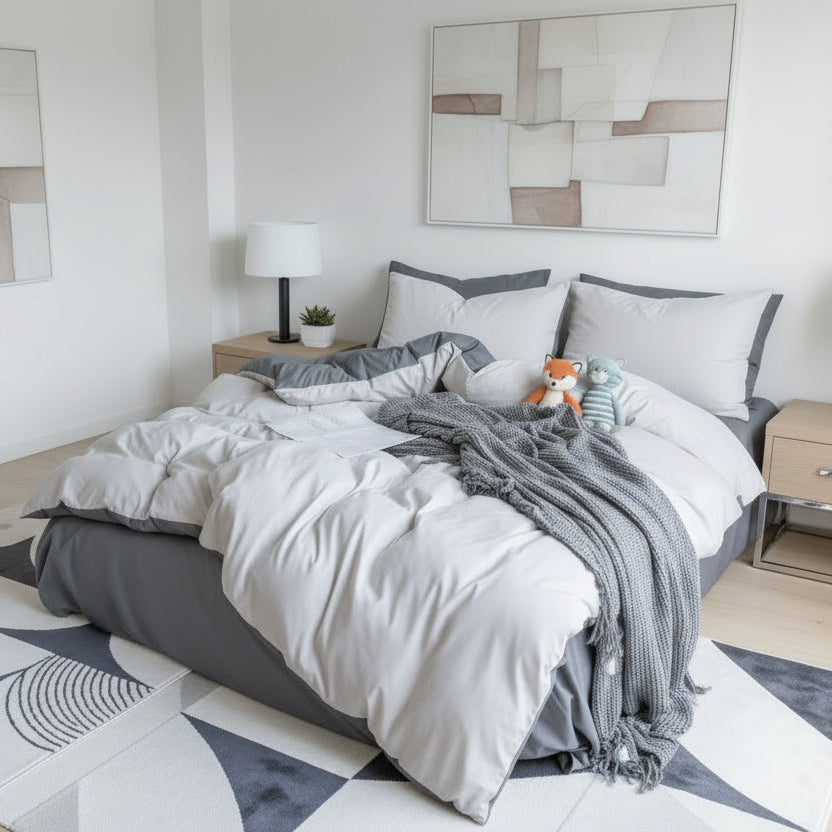 Premium Korean Single size 4 Pieces Reversible Constructor Design with 2 Attractive Pillow Covers, Plain Dark Grey Bedsheet and Plain Grey Duvet Cover without filler. - BusDeals