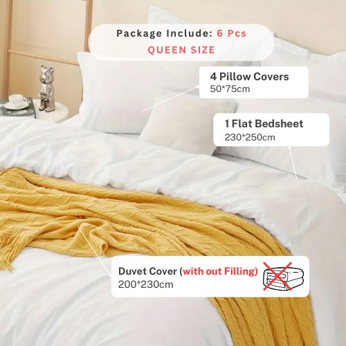 Premium Queen/Double size 6 pieces Bedding Set without filler, Plain White Color - BusDeals
