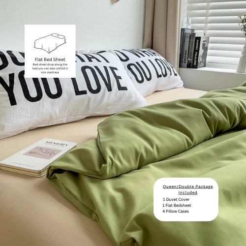 Premium Queen/Double size 6 pieces Constructor Design with 2 Print Pillow Covers, Plain Olive and light Yellow color. - BusDeals