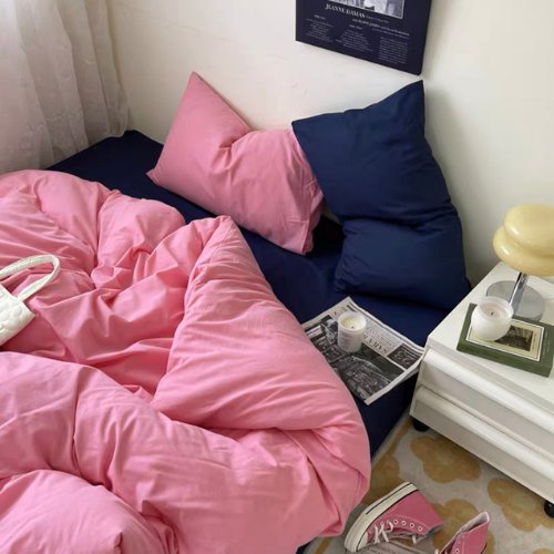 Premium Queen/Double Size 6 Pieces Korean Style Pink with Blue Color Plain Bedding Set without filler. - BusDeals