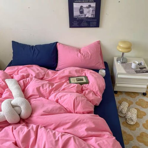 Premium Queen/Double Size 6 Pieces Korean Style Pink with Blue Color Plain Bedding Set without filler. - BusDeals