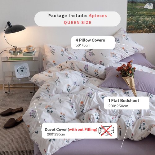 Premium Queen/Double size 6 Pieces Retro Style with Light Lavender Color Bedsheet Postoral Printed Bedding Set without filler. - BusDeals
