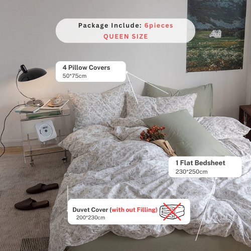 Premium Queen/Double size 6 Pieces Retro Style with Sage Green Color Bedsheet Pastoral Printed Bedding Set without filler. - BusDeals