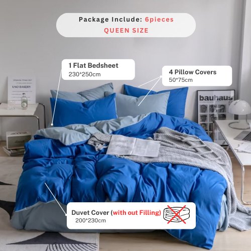 Premium Queen/Double Size Korean Reversible Bedding Set, Plain Grey and Blue Color. - BusDeals