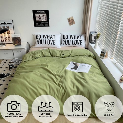 Premium Single Size 4 Pieces Constructor Design with 2 eye-catching pillowcases, Plain Beige Bedsheet and Olive Color Duvet Cover without filler. - BusDeals