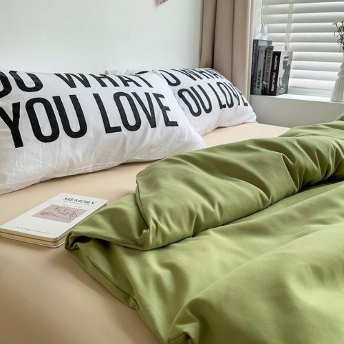 Premium Single Size 4 Pieces Constructor Design with 2 eye-catching pillowcases, Plain Beige Bedsheet and Olive Color Duvet Cover without filler. - BusDeals
