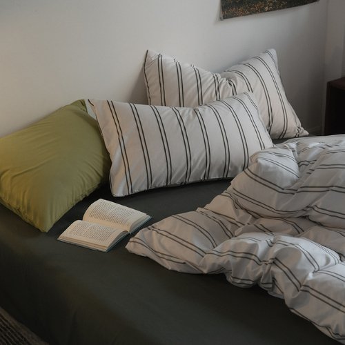 Premium Single size 4 Pieces Constructor Design with 2 striped Pillow Covers, Plain Grey Olive Bedsheet and Striped Duvet Cover without filler. - BusDeals