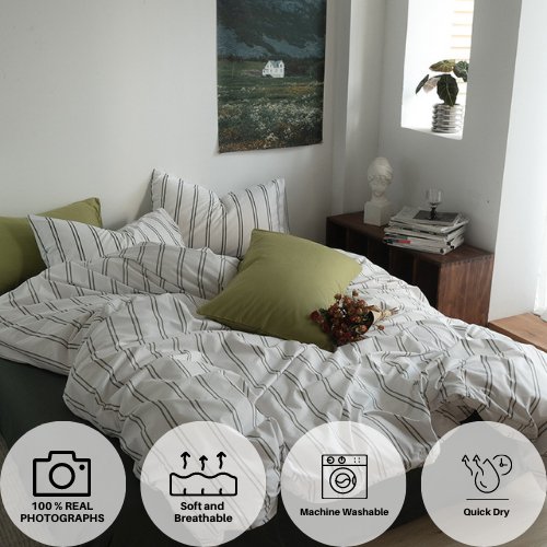 Premium Single size 4 Pieces Constructor Design with 2 striped Pillow Covers, Plain Grey Olive Bedsheet and Striped Duvet Cover without filler. - BusDeals