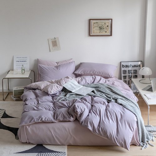 Premium Single Size 4 Pieces Korean Reversible Bedding Set, Plain Purple and Light Purple Color. - BusDeals