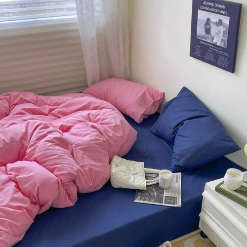 Premium Single Size 4 Pieces Korean Style Pink with Blue Color Plain Bedding Set without filler. - BusDeals