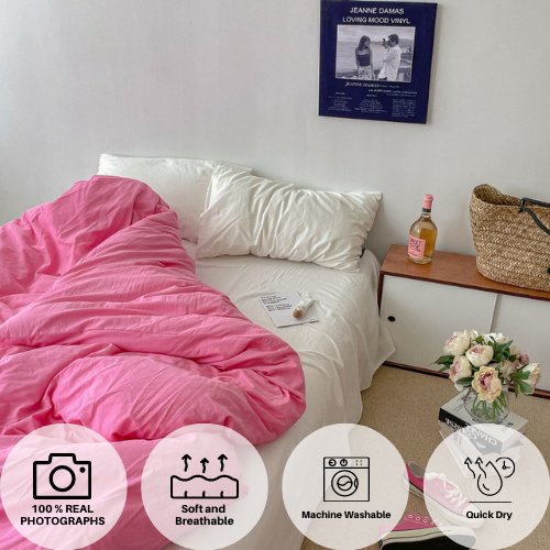 Premium Single Size 4 Pieces Korean Style Pink with Milky White Color Plain Bedding set without filler. - BusDeals