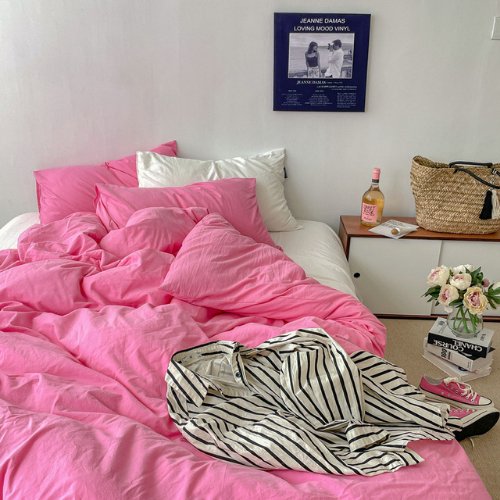 Premium Single Size 4 Pieces Korean Style Pink with Milky White Color Plain Bedding set without filler. - BusDeals