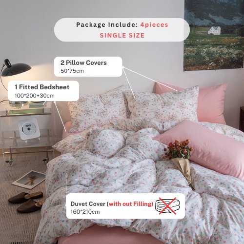 Premium Single size 4 Pieces Retro Style with Candy Pink Color Bedsheet Postoral Printed Bedding Set without filler. - BusDeals