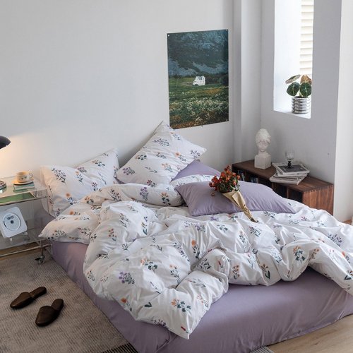 Premium Single size 4 Pieces Retro Style with Light Lavender Color Bedsheet Postoral Printed Bedding Set without filler. - BusDeals