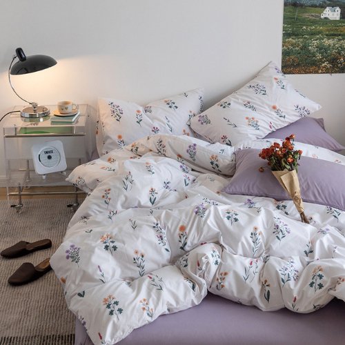 Premium Single size 4 Pieces Retro Style with Light Lavender Color Bedsheet Postoral Printed Bedding Set without filler. - BusDeals