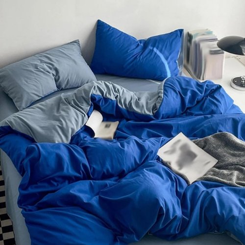 Premium Single Size Korean Reversible Bedding Set, Plain Grey and Blue Color. - BusDeals