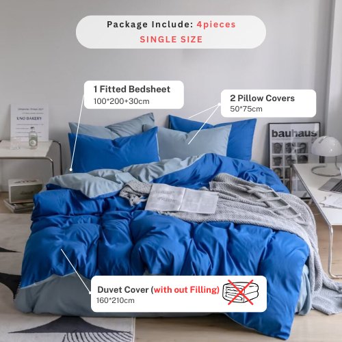 Premium Single Size Korean Reversible Bedding Set, Plain Grey and Blue Color. - BusDeals
