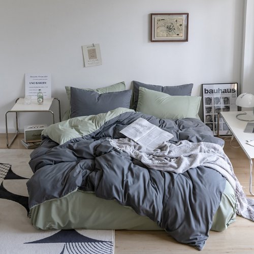 Premium Single Size Korean Reversible Bedding Set, Plain Light Green and Grey Color. - BusDeals