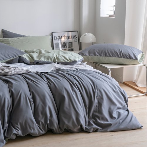 Premium Single Size Korean Reversible Bedding Set, Plain Light Green and Grey Color. - BusDeals