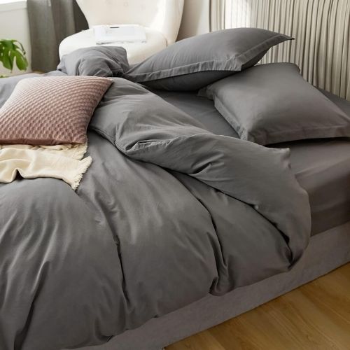 Queen size 6 Pieces Bedding Set, Washable Cotton Dark Gray Color - BusDeals