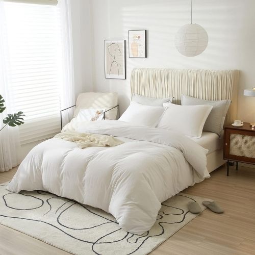 Queen size 6 pieces Bedding Set, Washable Cotton Plain Snow White Color Design. - BusDeals