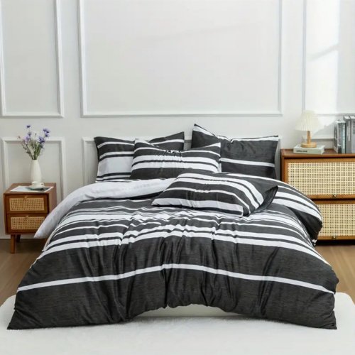 Queen size 6 pieces, Black Stripe Design Bedding set. - BusDeals