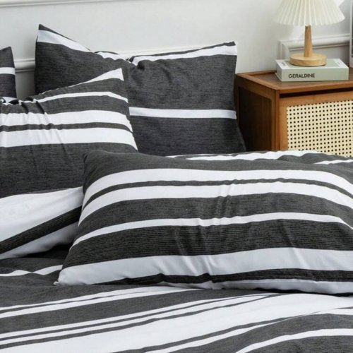 Queen size 6 pieces, Black Stripe Design Bedding set. - BusDeals