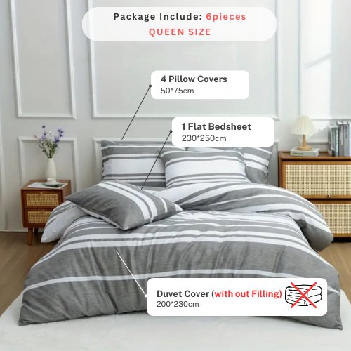 Queen size 6 pieces, Gray Stripe Design Bedding set. - BusDeals