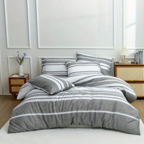 Queen size 6 pieces, Gray Stripe Design Bedding set. - BusDeals