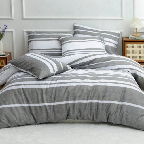 Queen size 6 pieces, Gray Stripe Design Bedding set. - BusDeals