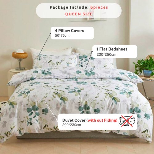 Queen size 6 pieces, Green Leaves Design Bedding set. - BusDeals