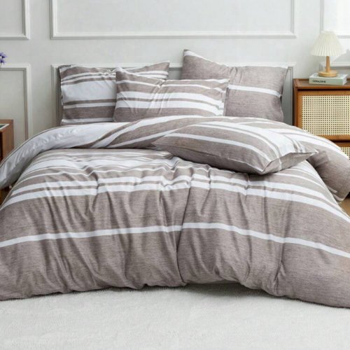 Queen size 6 pieces, Light Brown Stripe Design Bedding set. - BusDeals