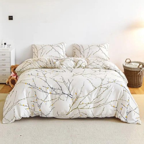 Queen Size 6 Pieces Twigs Print Duvet Cover Set, Beige color. - BusDeals