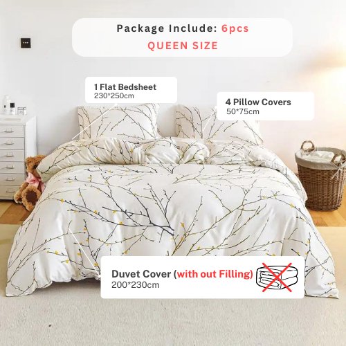 Queen Size 6 Pieces Twigs Print Duvet Cover Set, Beige color. - BusDeals