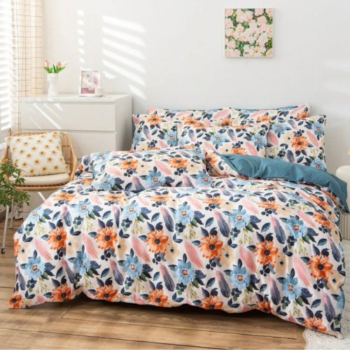 Queen/Double size 6 pieces Bedding Set without filler, Blue Color Floral Design - BusDeals